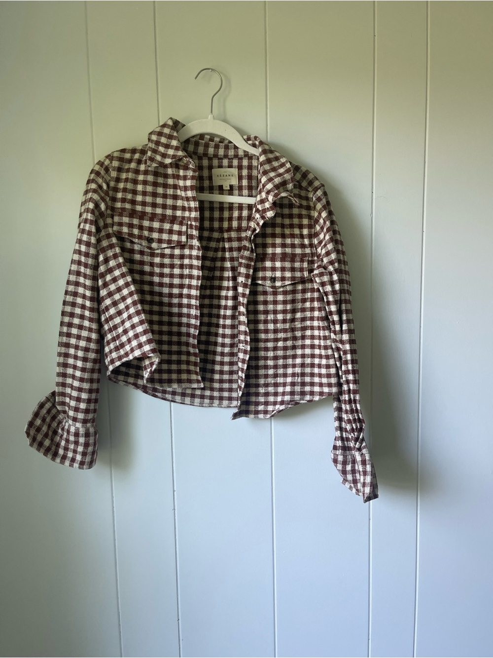 Sezane Brown and Cream Checked Button-Down Shirt Jacket
